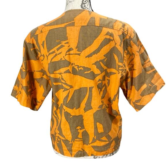 Vintage 90s TOTOnKO Orange Brown Cotton Linen Button-Up Boxy Top Campy Boho - Picture 9 of 9